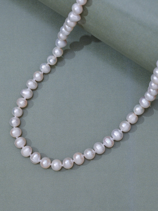 ORNATEJEWELS 7-8MM REAL PEARL 18 INCH LONG SILVER NECKLACE