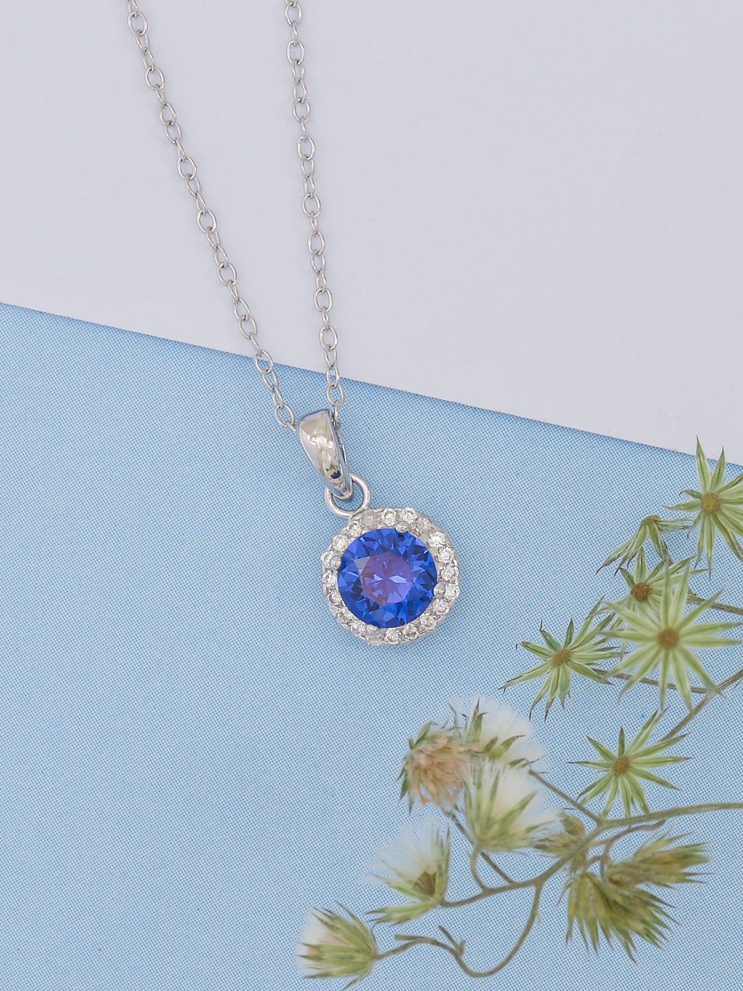 STERLING SILVER BLUE SAPPHIRE HALO NECKLACE WITH CHAIN