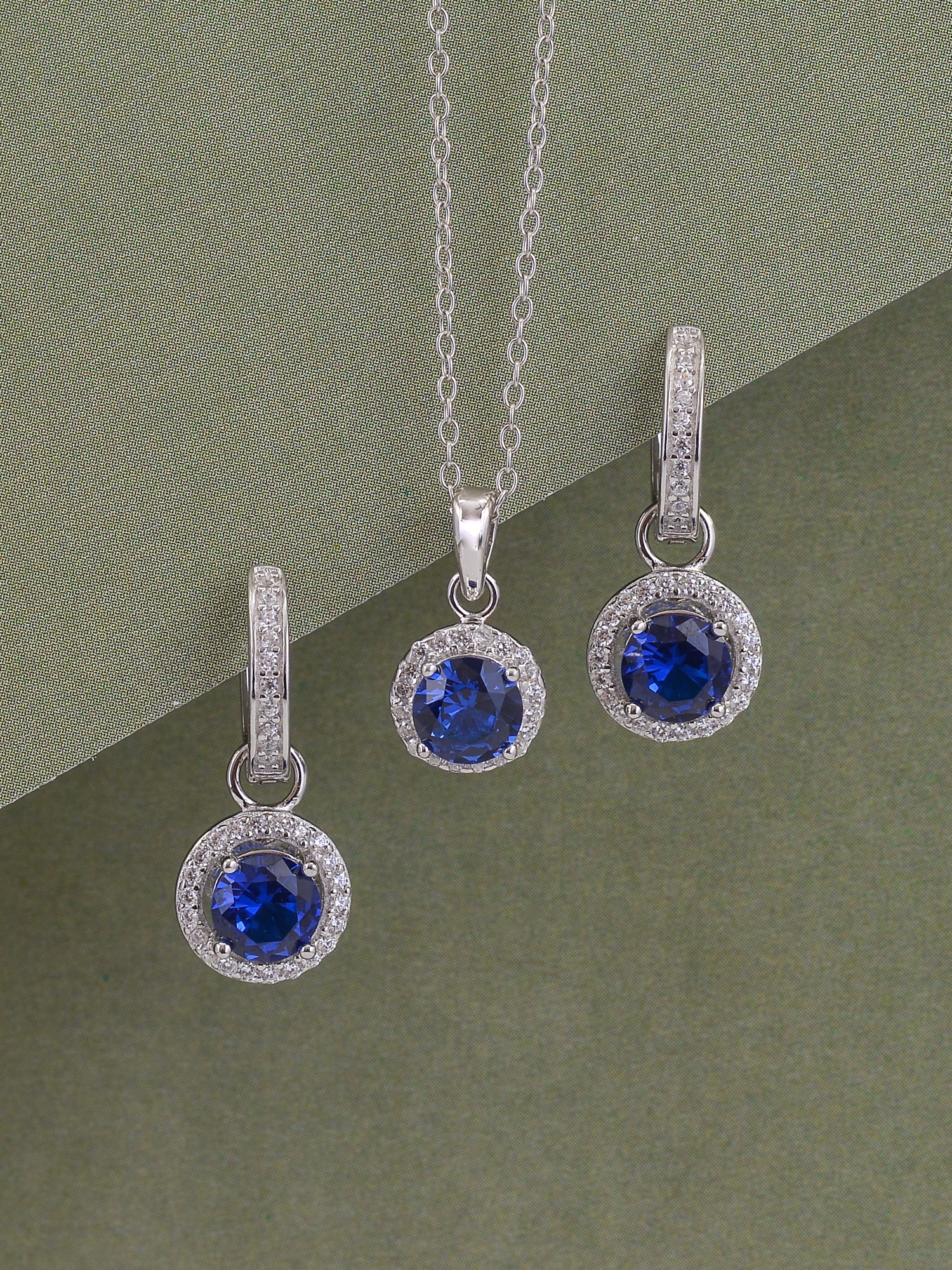 STERLING SILVER BLUE SAPPHIRE HALO NECKLACE SET WITH EARRINGS FOR WOMEN