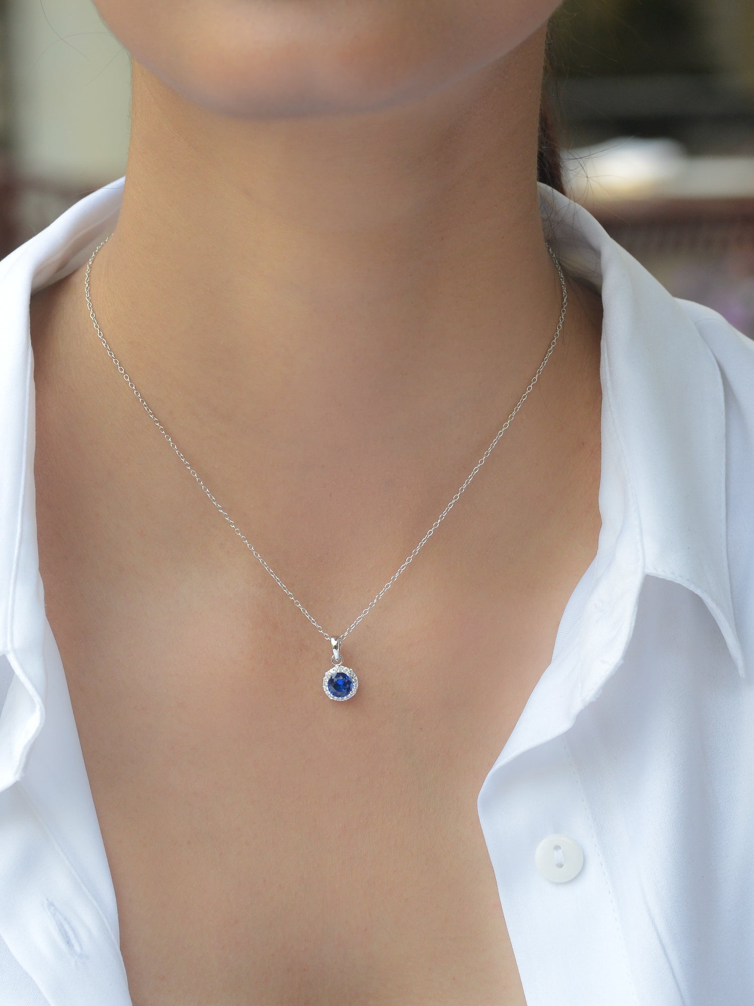 STERLING SILVER BLUE SAPPHIRE HALO NECKLACE WITH CHAIN-2