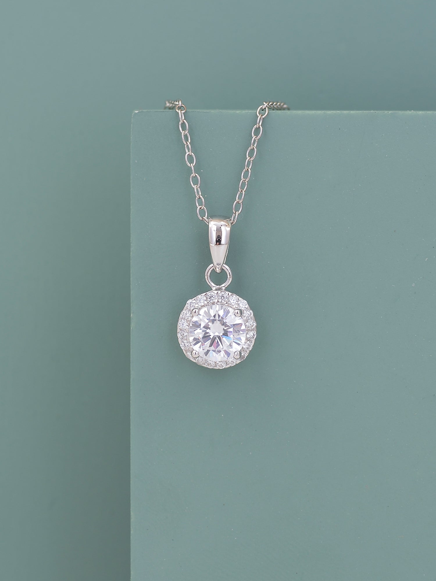 STERLING SILVER AMERICAN DIAMOND HALO PENDANT WITH CHAIN-1