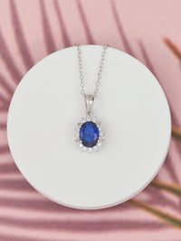 Blue Sapphire And American Diamond Halo Solitaire Necklace Made Silver
