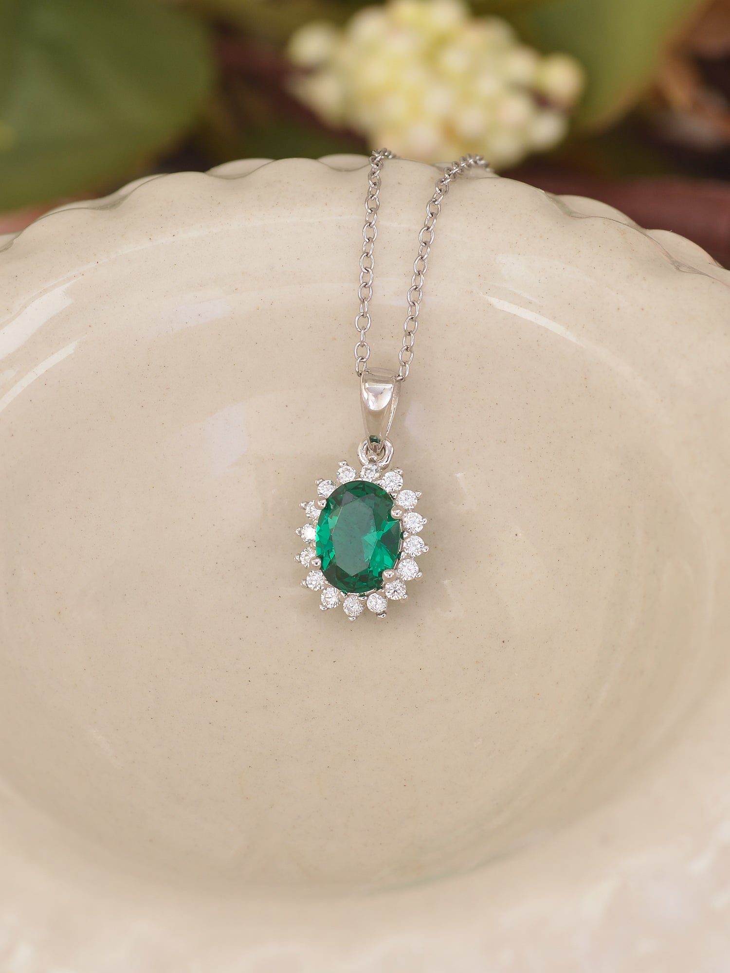 STERLING SILVER GREEN EMERALD HALO OVAL PENDANT-1