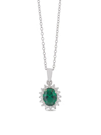 STERLING SILVER GREEN EMERALD HALO OVAL PENDANT