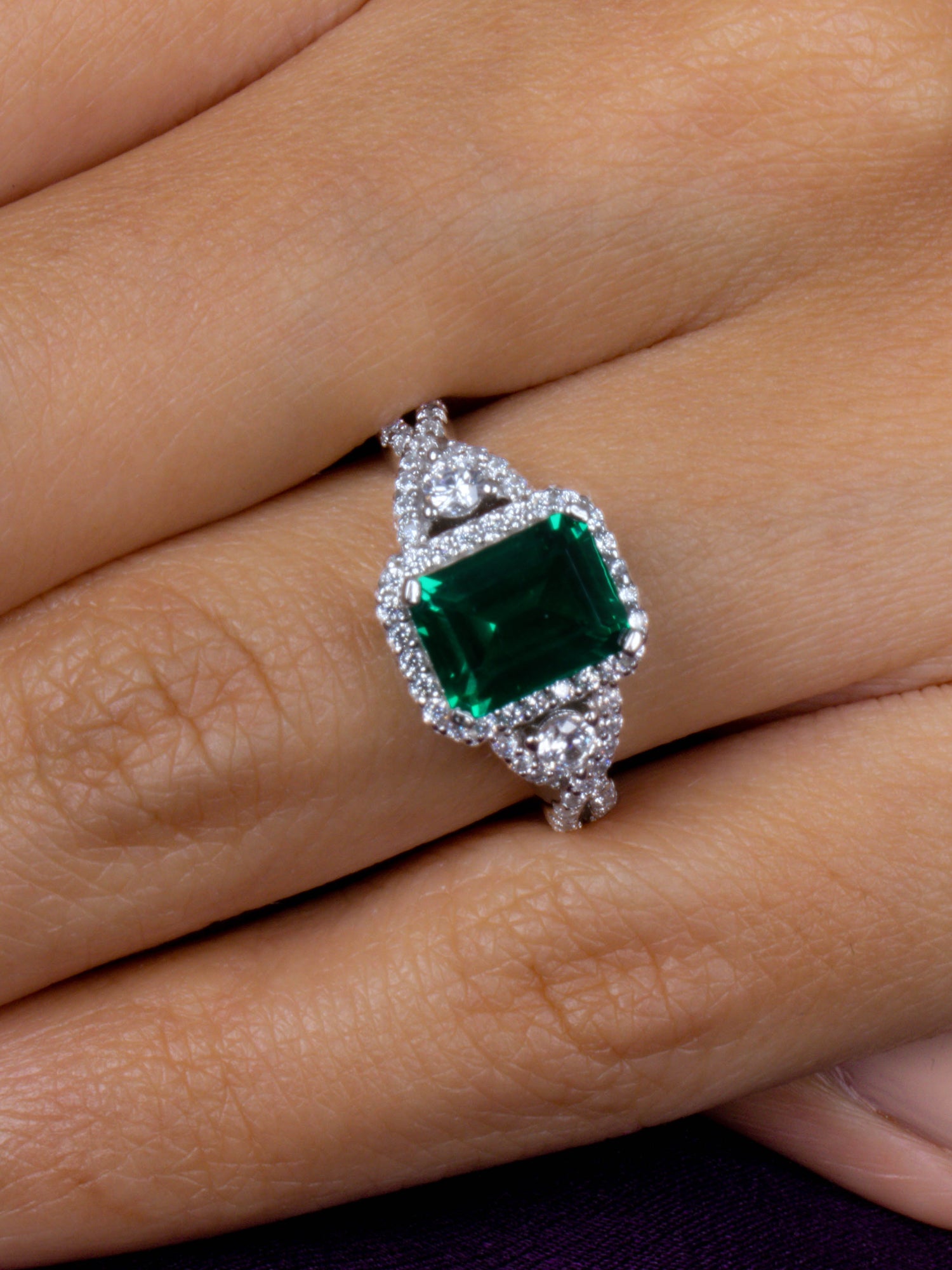 EMERALD GREEN SILVER RING WITH AMERICAN DIAMOND-2
