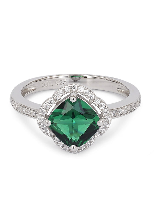 Ornate Emerald Green Flower Design Silver Ring for Women
