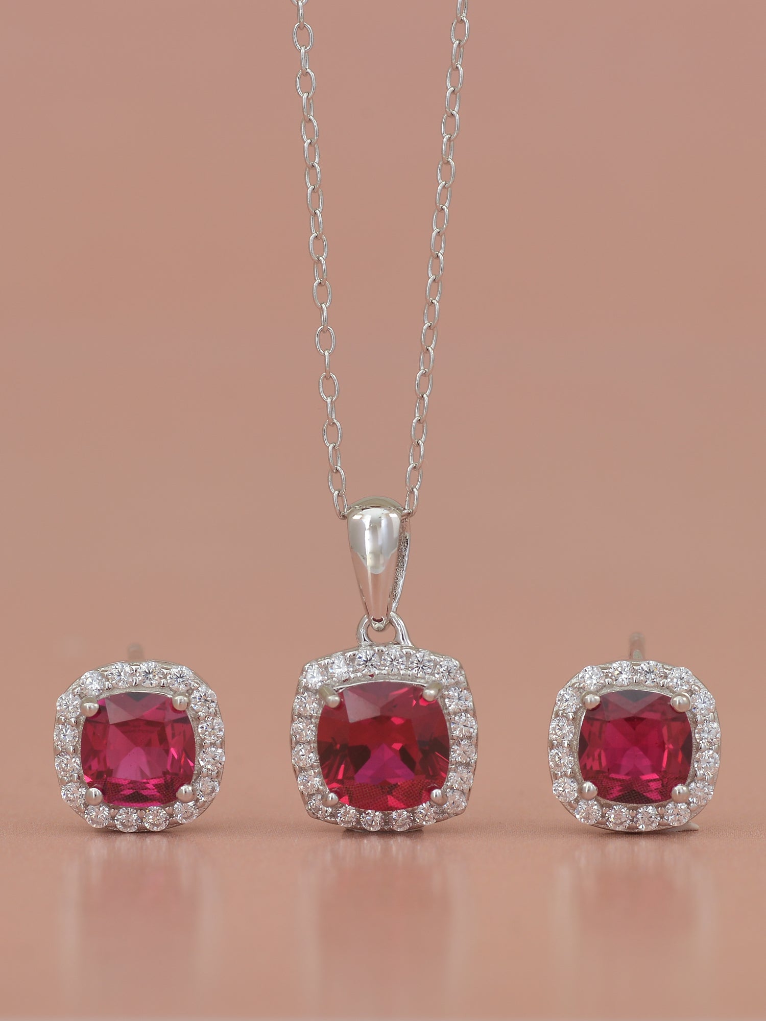 CUSHION CUT RUBY PENDANT WITH EARRINGS IN 925 SILVER-2