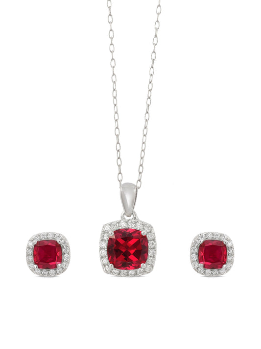 CUSHION CUT RUBY PENDANT WITH EARRINGS IN 925 SILVER-3