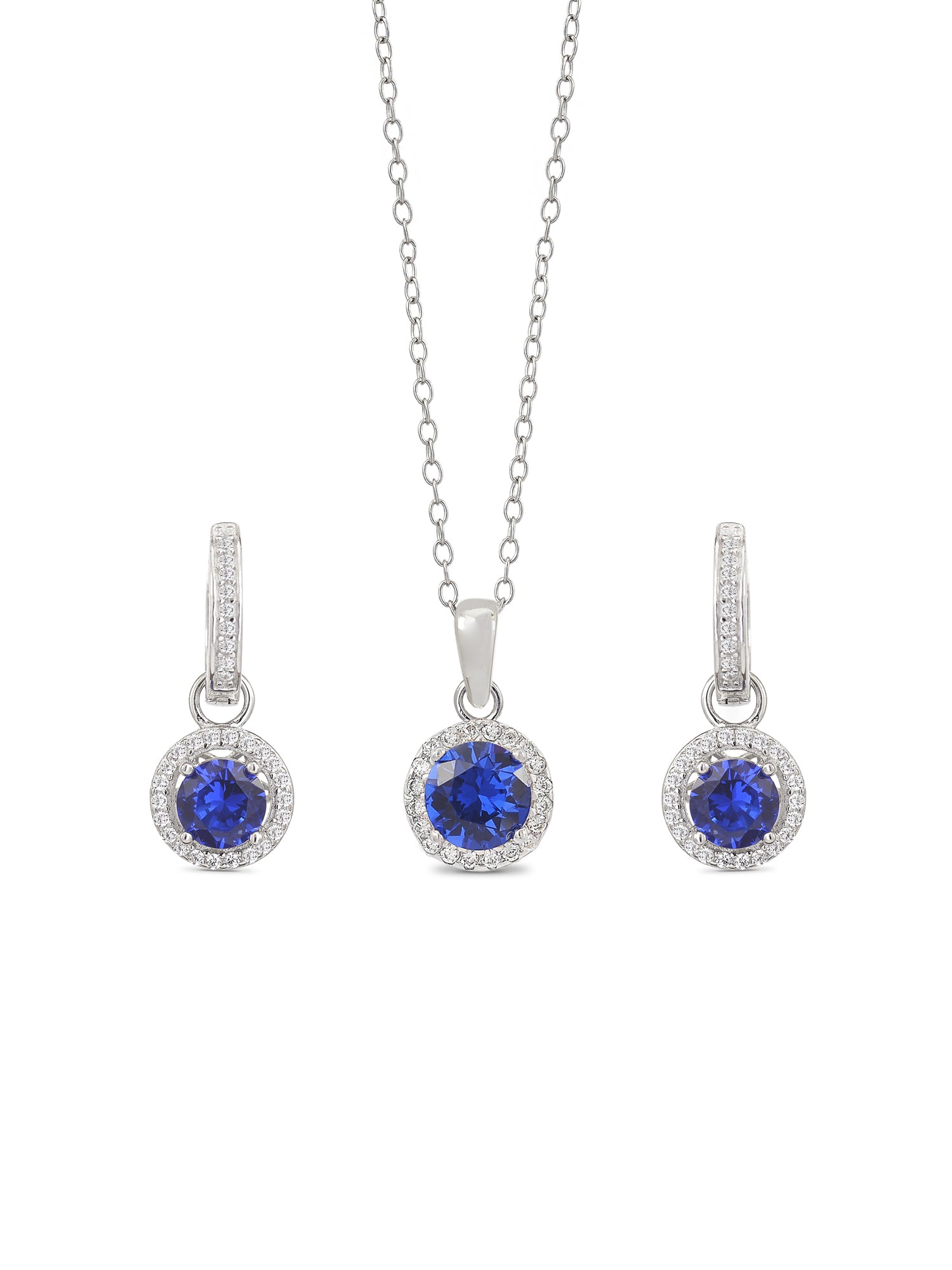 BLUE SAPPHIRE HALO NECKLACE SET WITH EARRINGS FOR WOMEN