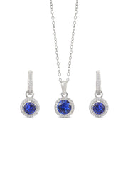 BLUE SAPPHIRE HALO NECKLACE SET WITH EARRINGS FOR WOMEN