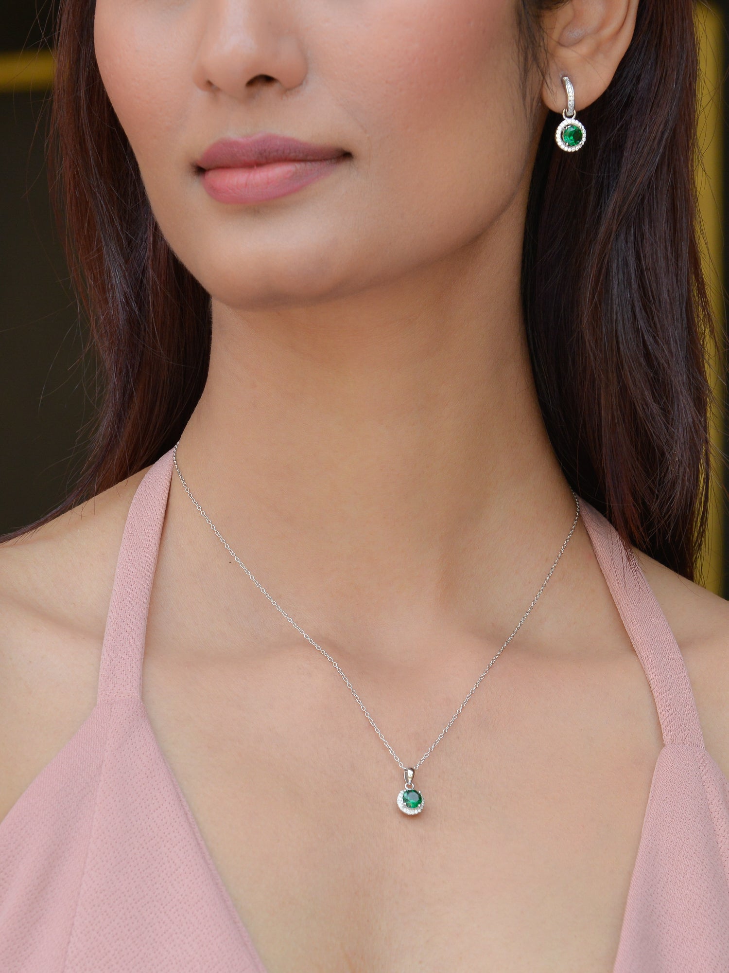SILVER GREEN EMERALD HALO NECKLACE AND EARRINGS