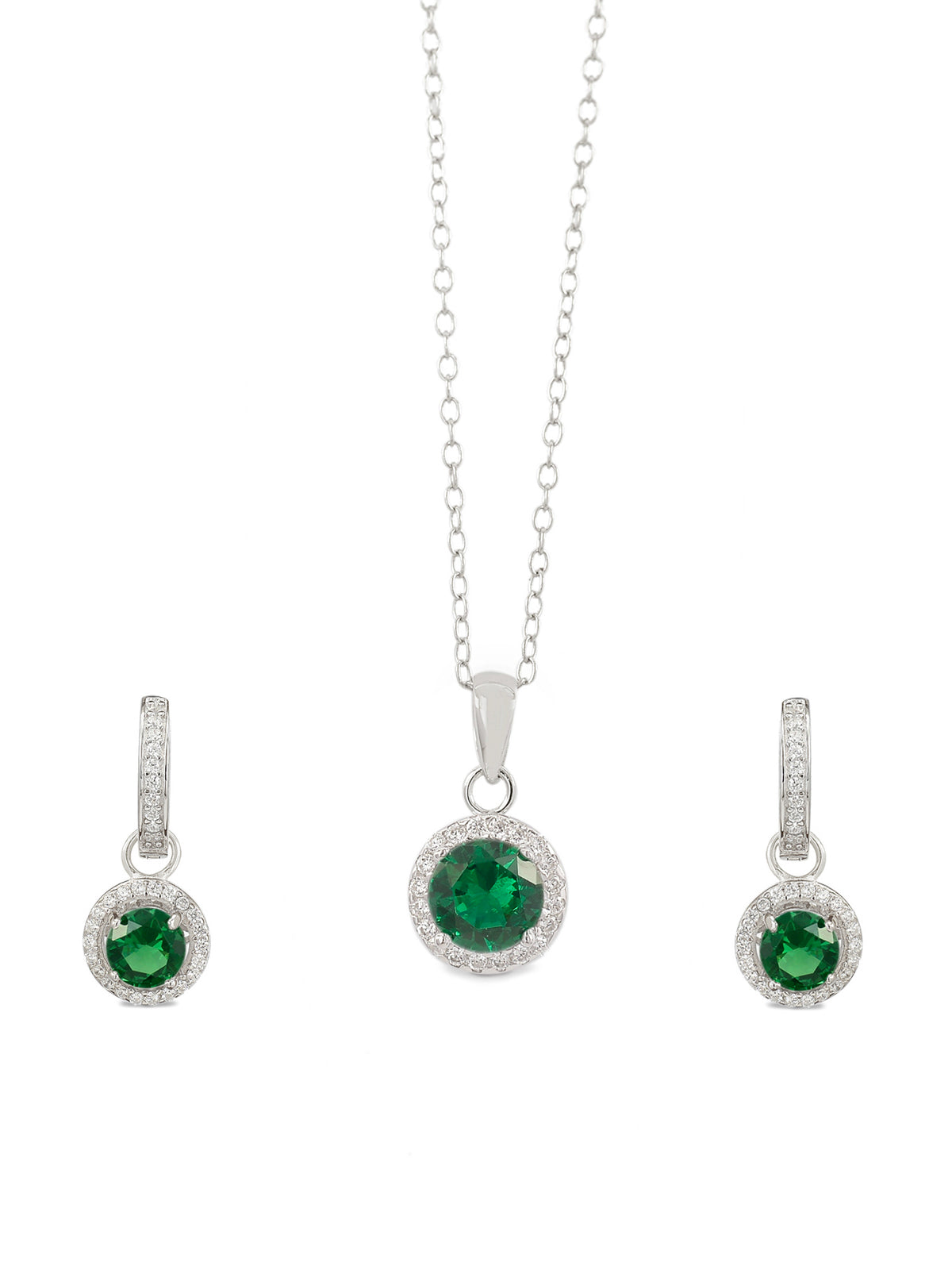 SILVER GREEN EMERALD HALO NECKLACE AND EARRINGS