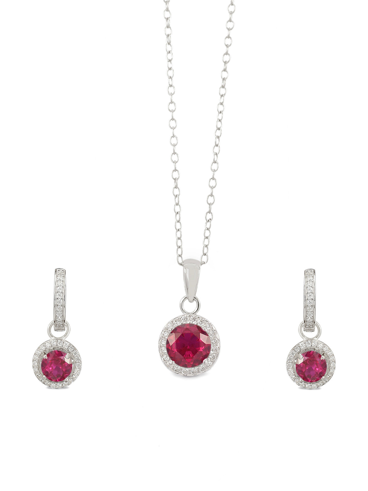 STERLING SILVER RED RUBY HALO NECKLACE WITH EARRINGS