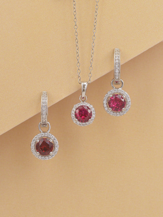 STERLING SILVER RED RUBY HALO NECKLACE WITH EARRINGS