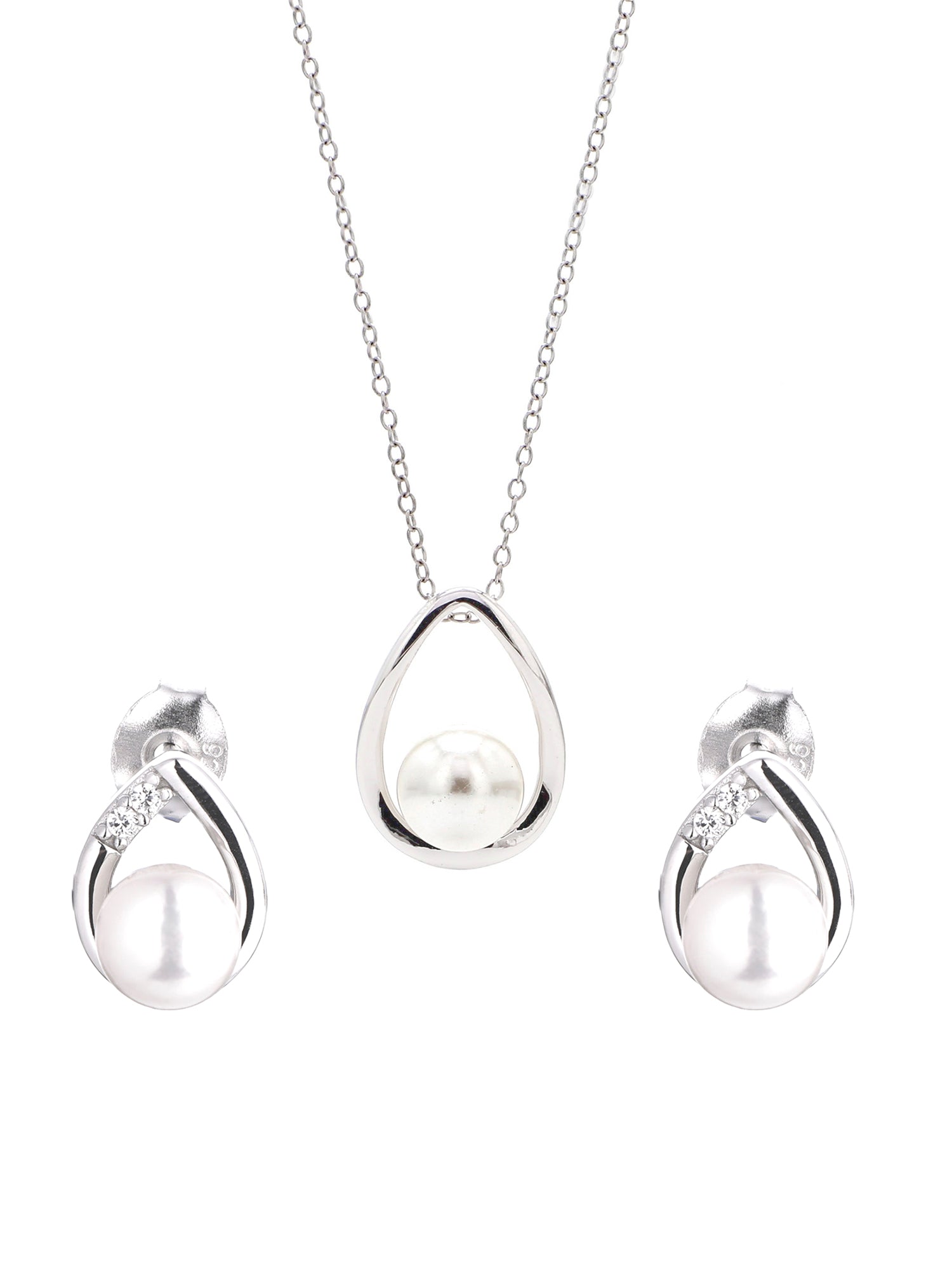 SILVER PEARL DROP PENDANT WITH EARRINGS AT Ornate Jewels
