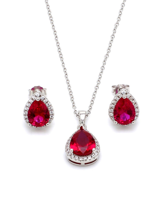 SILVER CREATED RUBY PENDANT AND EARRINGS IN PEAR SHAPE