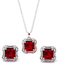 SILVER CREATED RUBY SQUARE PENDANT AND EARRINGS