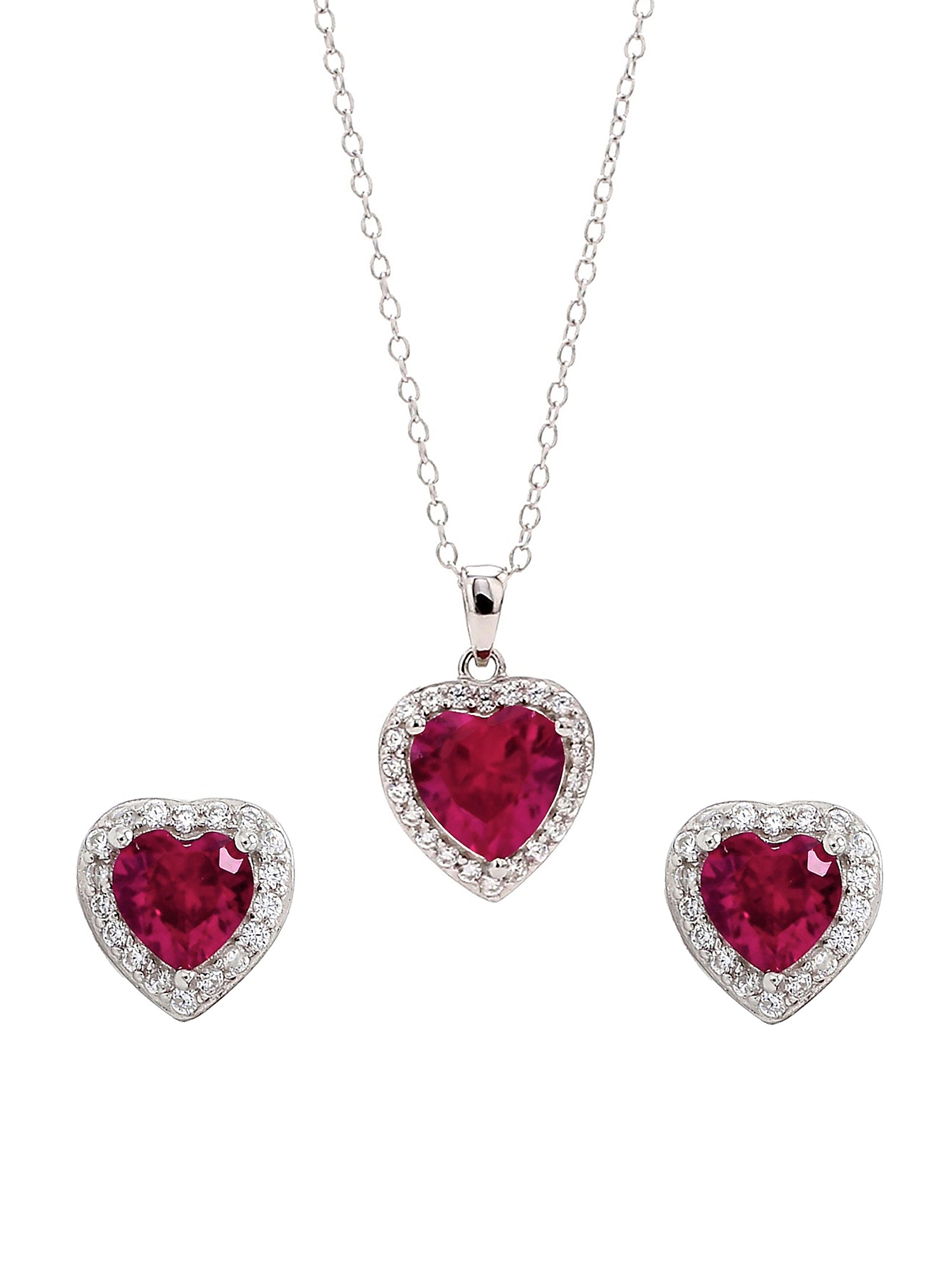 SILVER HEART SHAPED RUBY PENDANT AND EARRINGS