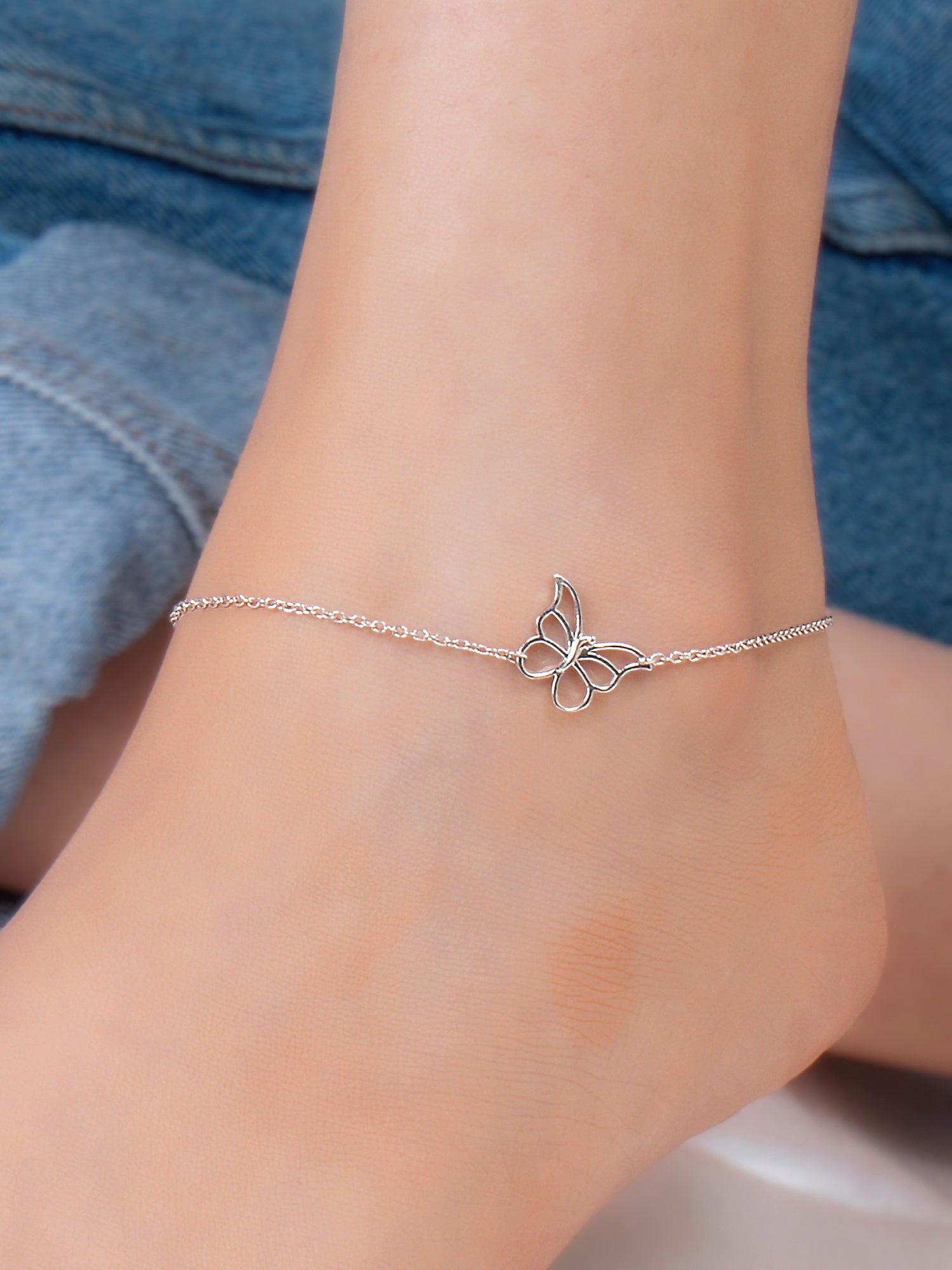 SINGLE BUTTERFLY ANKLET IN PURE STERLING SILVER FOR WOMEN