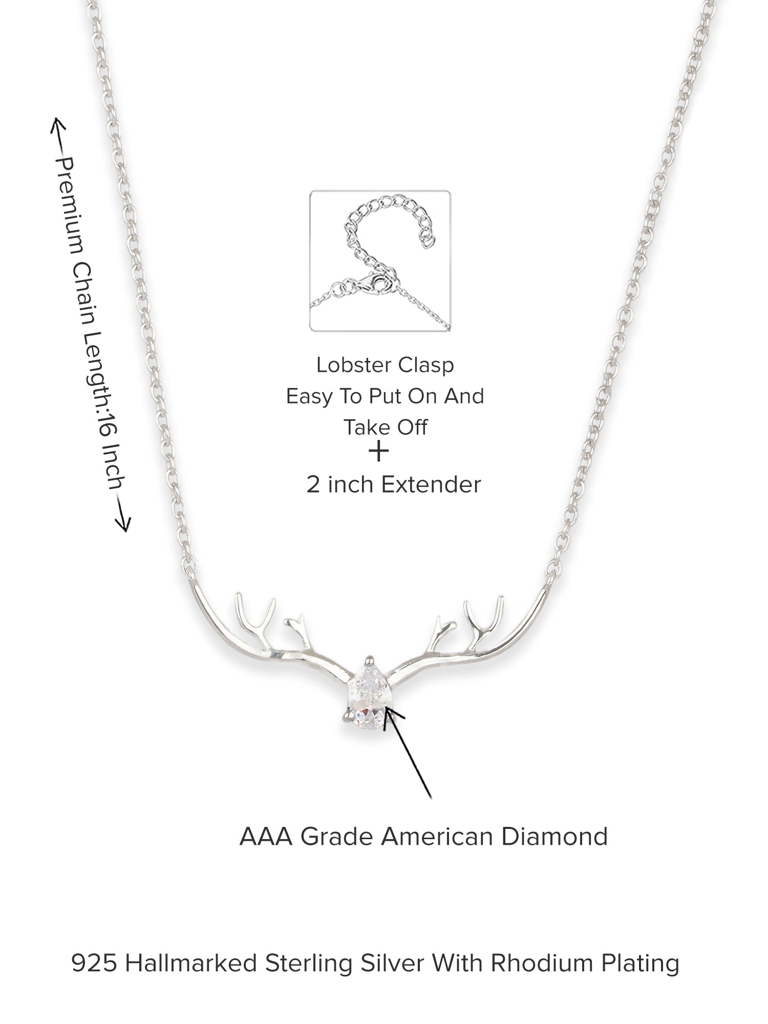 ORNATE JEWELS AMERICAN DIAMOND DEER SILVER NECKLACE FOR WOMEN