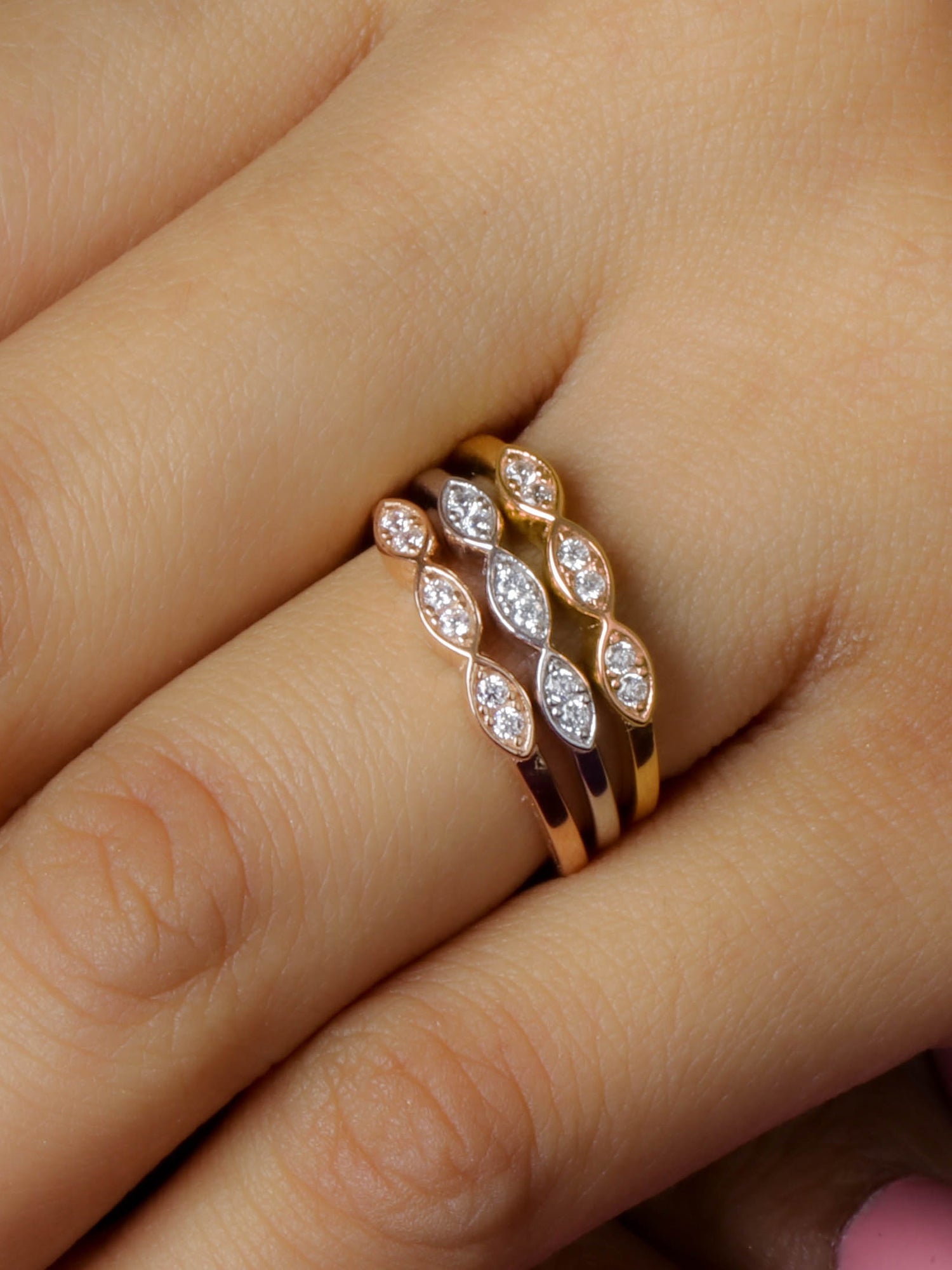 ORNATE JEWELS THREE STONE STACKABLE RING SET-6