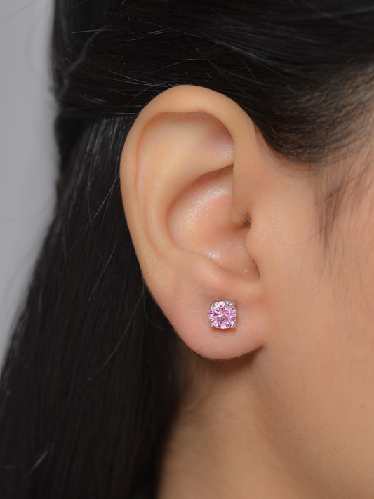Pink Solitaire Studs In Silver