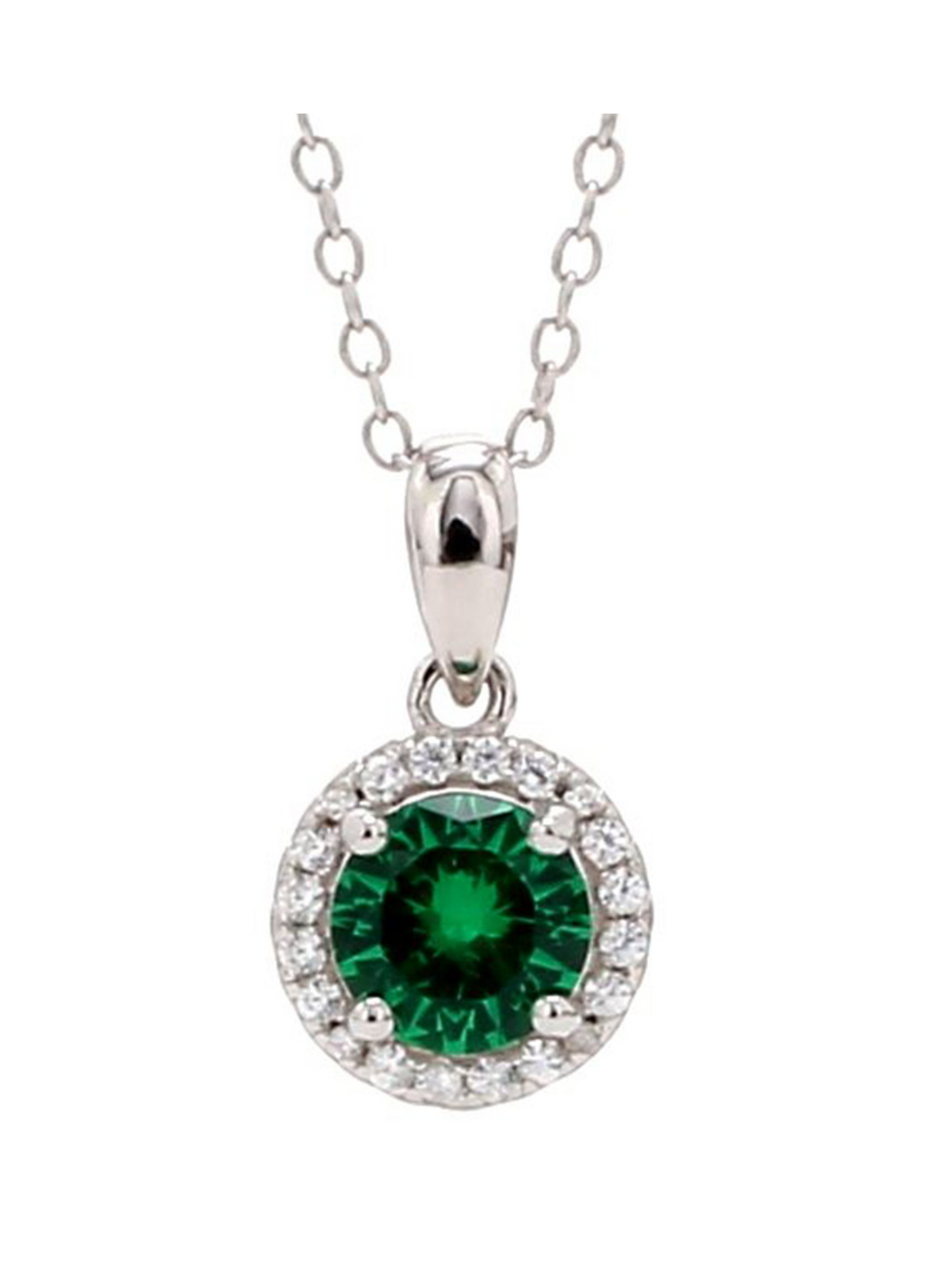 STERLING SILVER GREEN EMERALD HALO NECKLACE WITH CHAIN