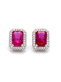 RED RUBY AND AMERICAN DIAMOND HALO STUD EARRINGS IN 925 SILVER