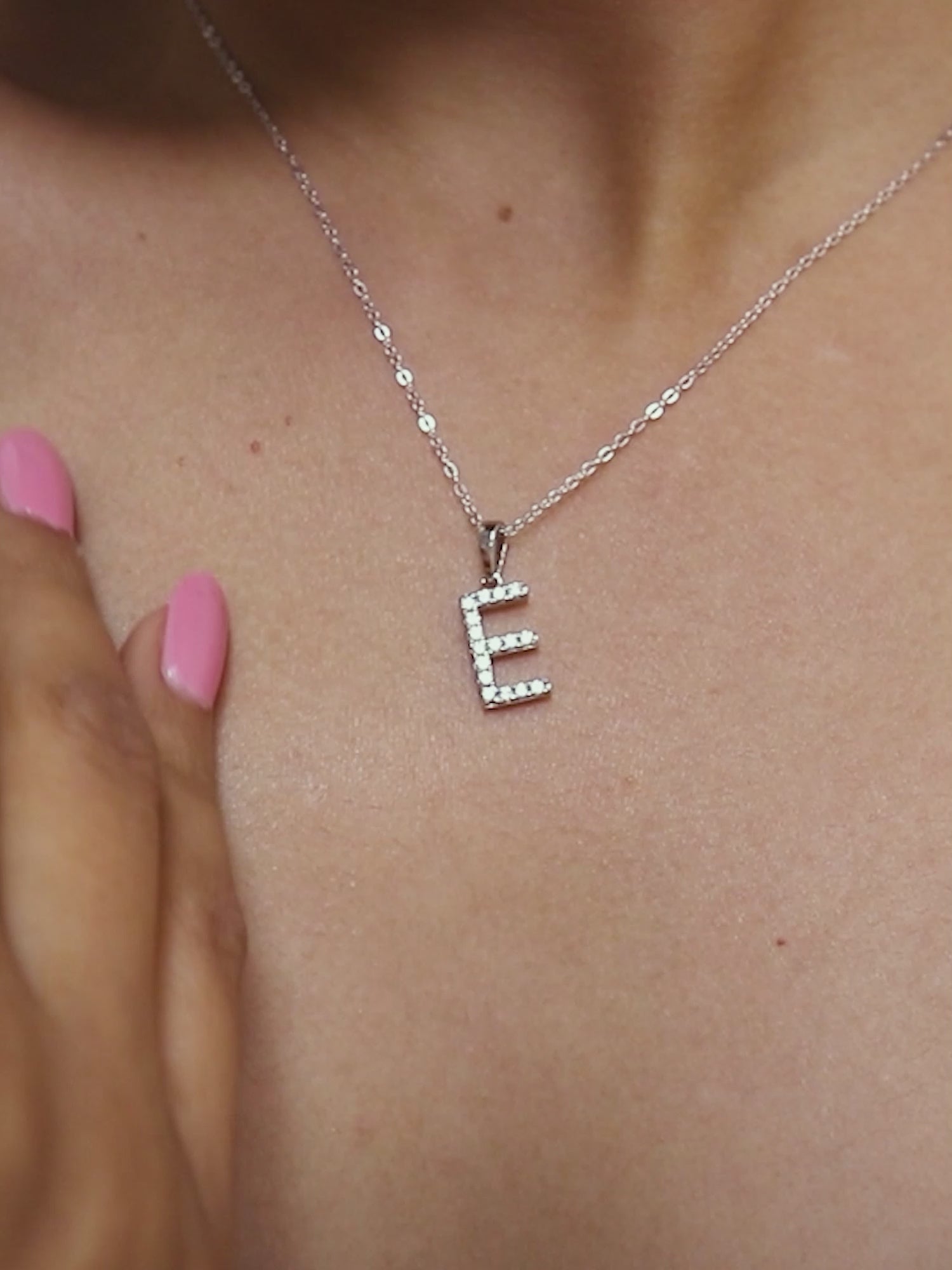 SILVER E INITIAL LETTERS OR ALPHABET NECKLACE WITH AMERICAN DIAMONDS