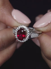 Red Ruby Halo Silver Ring For Women